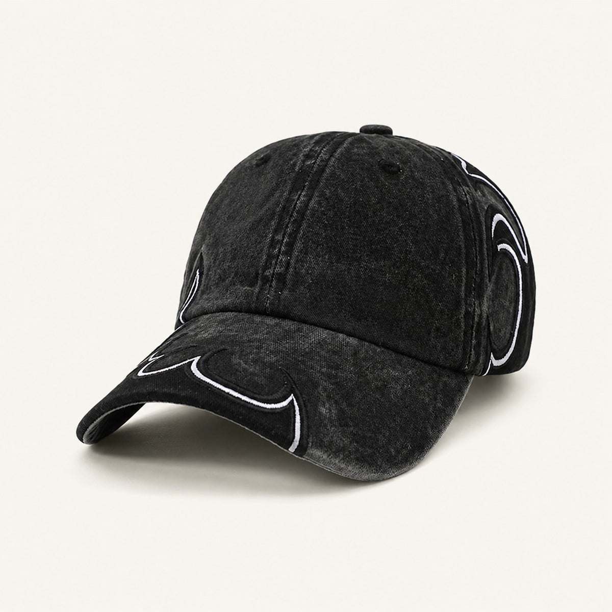 Afterburn Washed Flame Cap in All Black, front three-quarter view.