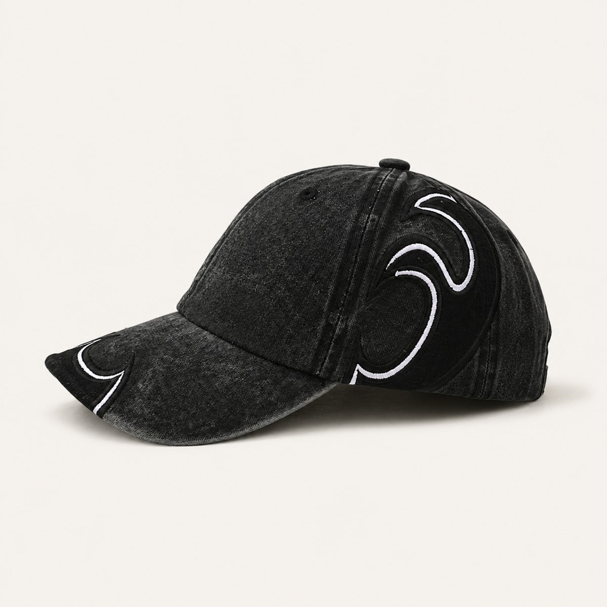Afterburn Washed Flame Cap in All Black, side profile.