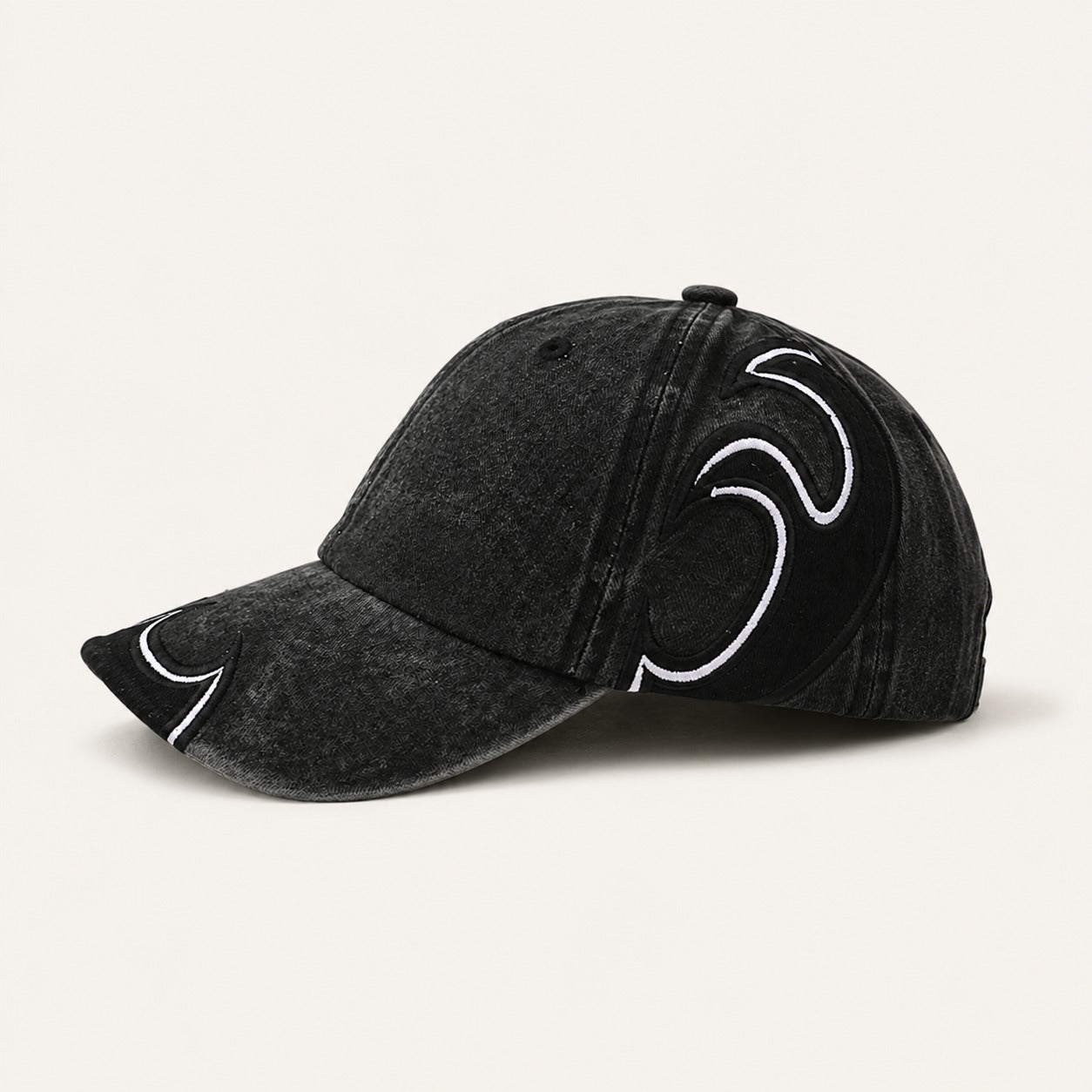 Afterburn Washed Flame Cap in All Black, side profile.