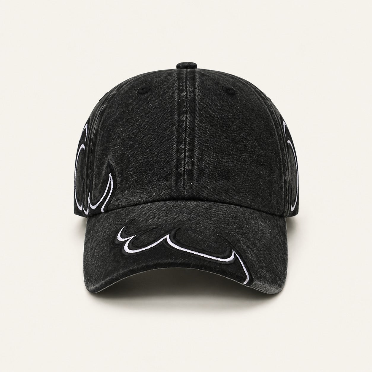 Afterburn Washed Flame Cap in All Black, straight-on front view.