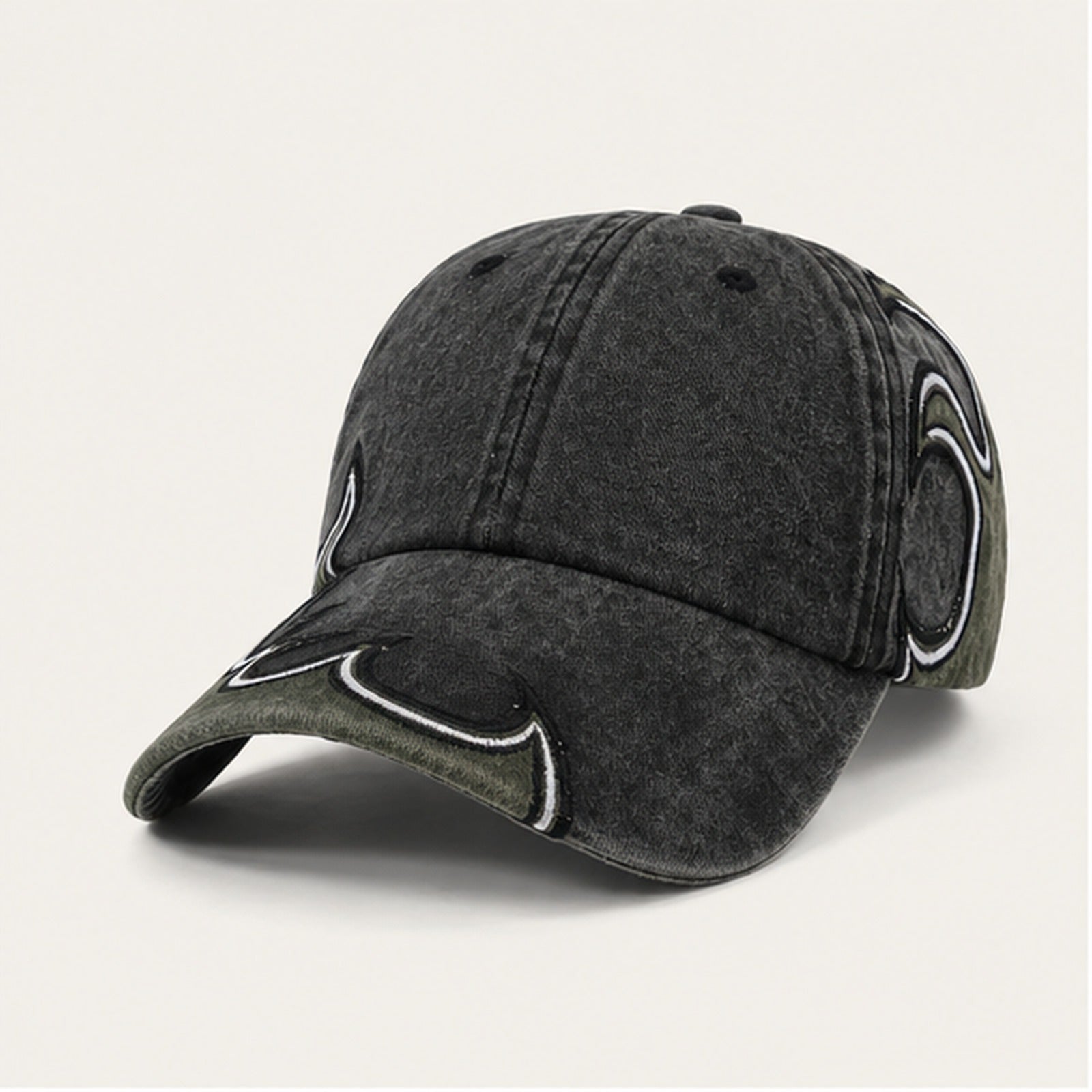 Afterburn Washed Flame Cap in Army Green Black, front three-quarter view.