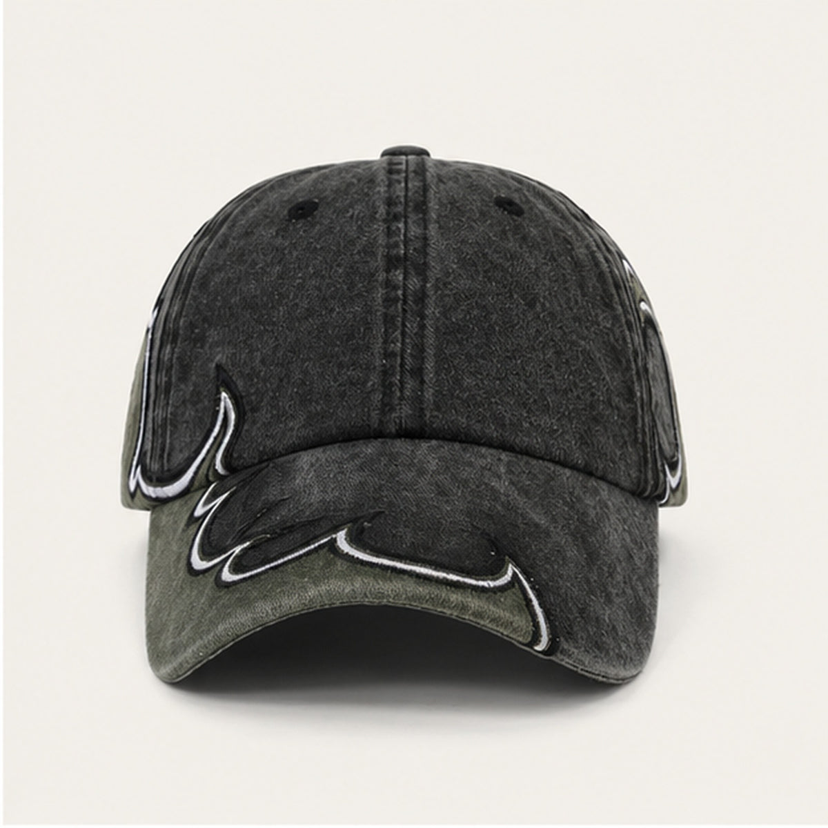 Afterburn Washed Flame Cap in Army Green Black, straight-on front view.