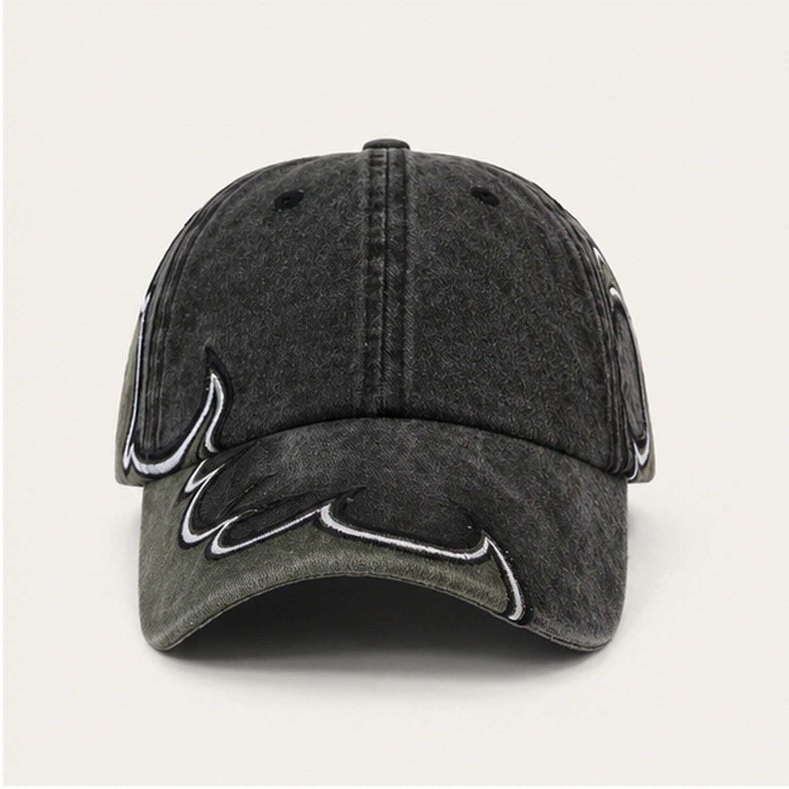 Afterburn Washed Flame Cap in Army Green Black, straight-on front view.