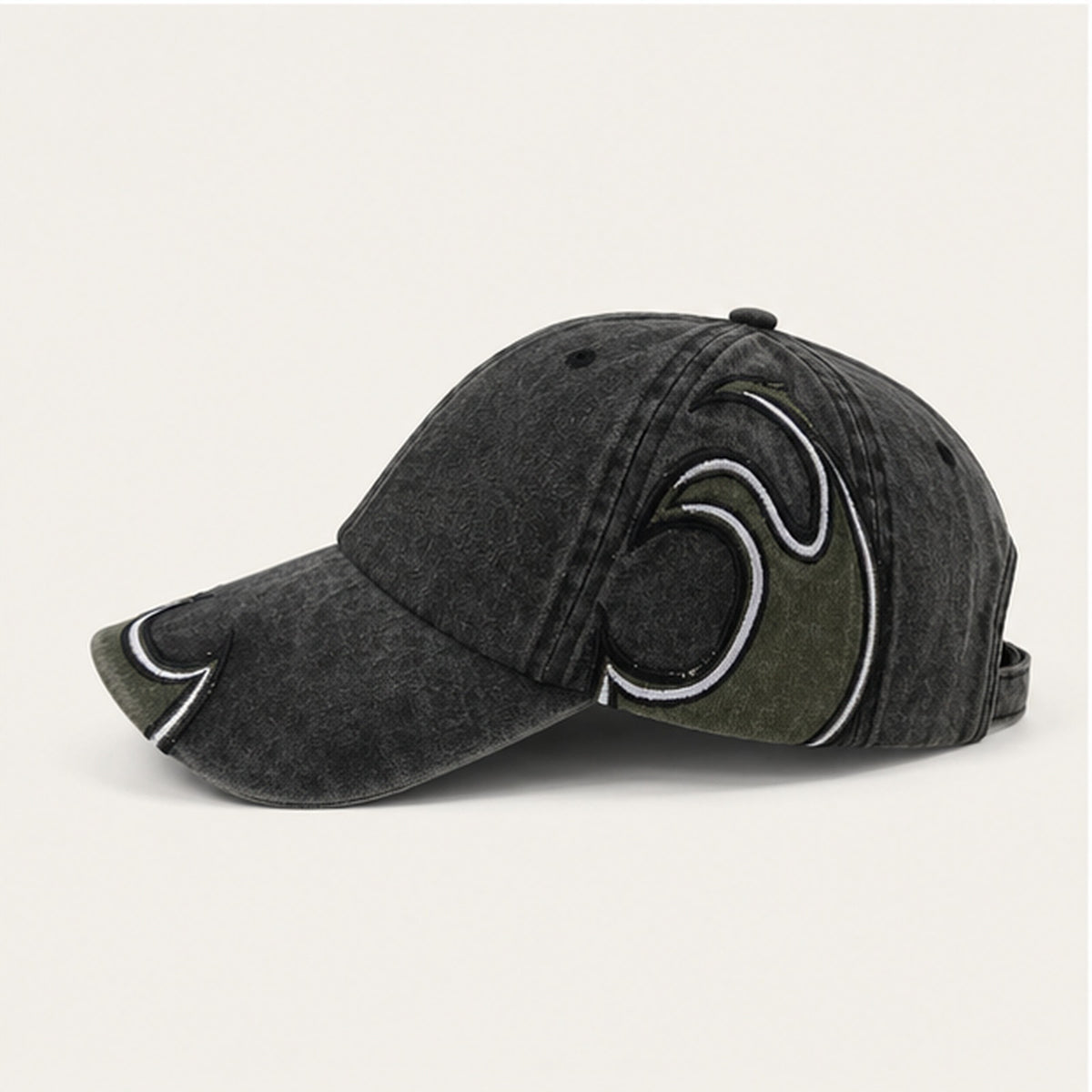 Afterburn Washed Flame Cap in Army Green Black, side profile.