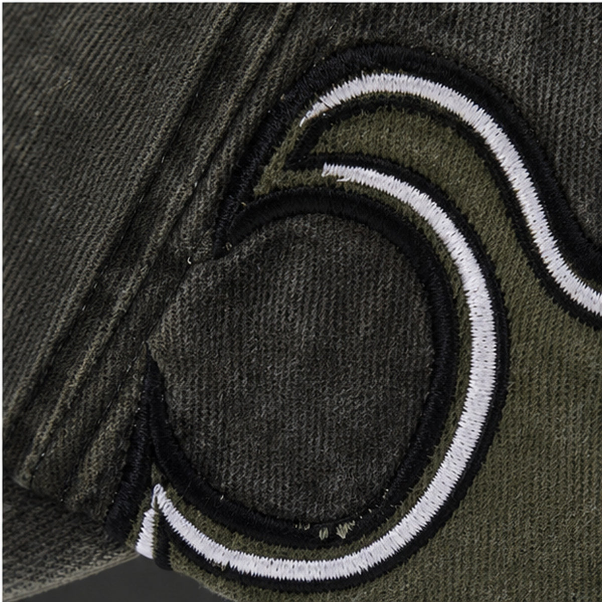 Afterburn Washed Flame Cap in Army Green Black, flame embroidery detail.