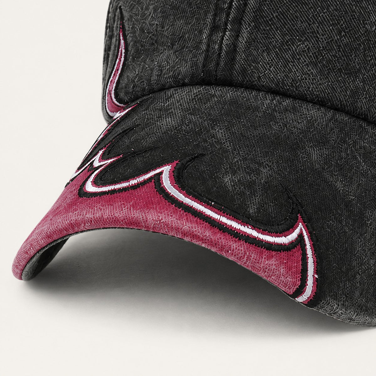 Afterburn Washed Flame Cap in Pink Black, flame embroidery detail.