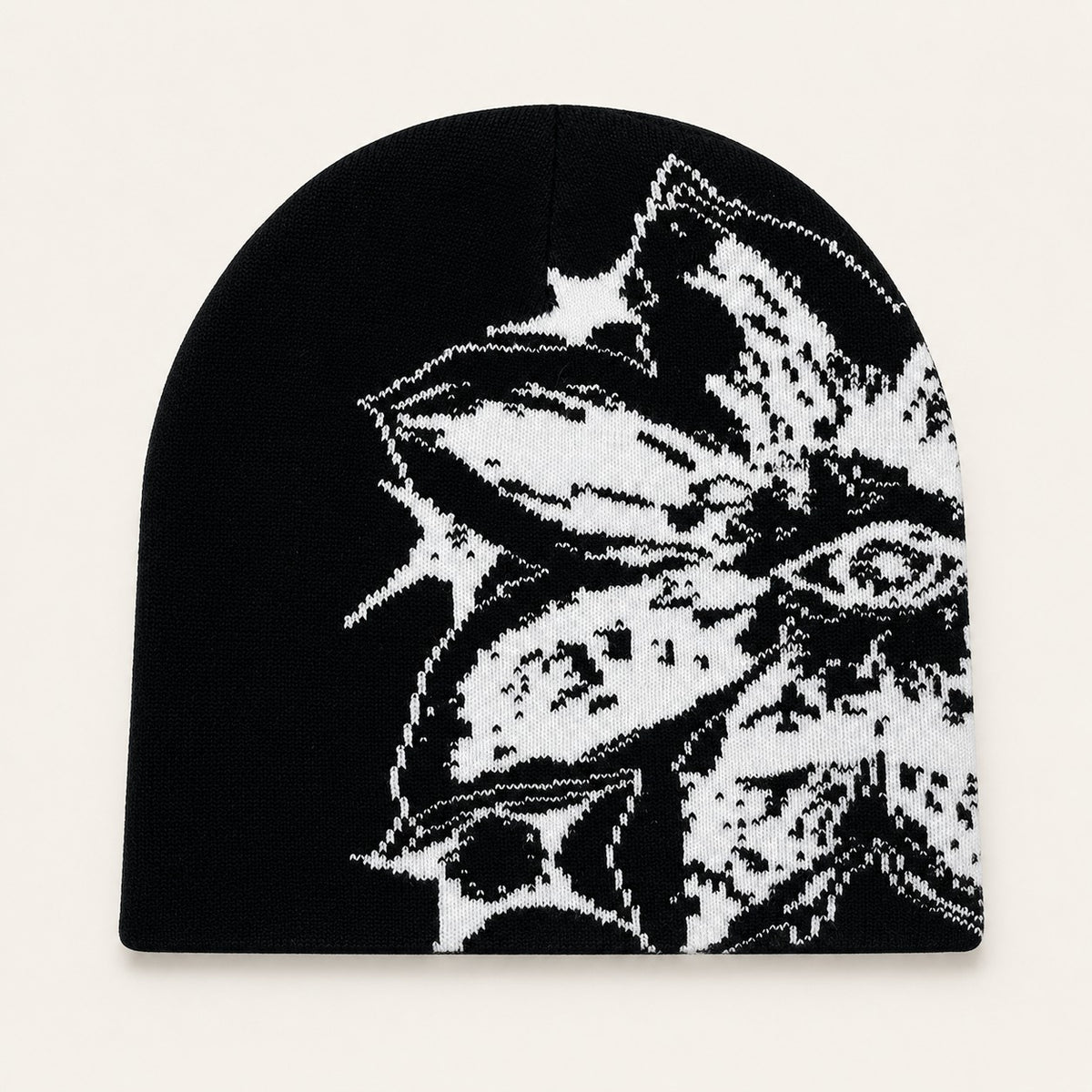 The Rue Afterdark Bloom Beanie in Black And White, front three-quarter view.