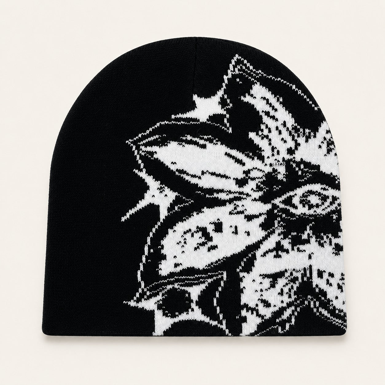 The Rue Afterdark Bloom Beanie in Black And White, front three-quarter view.
