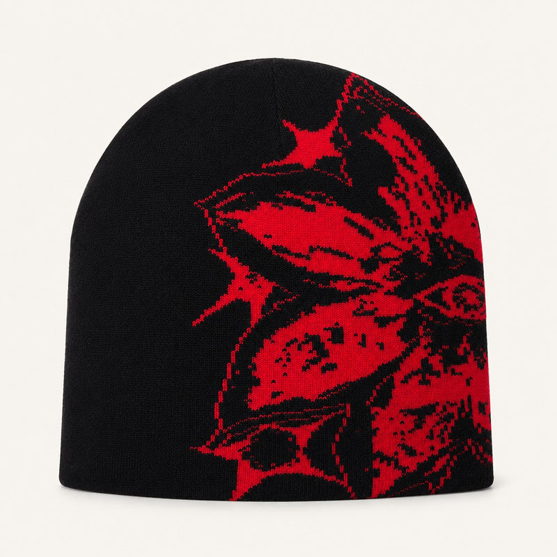 The Rue Afterdark Bloom Beanie in Black And Red, front three-quarter view.