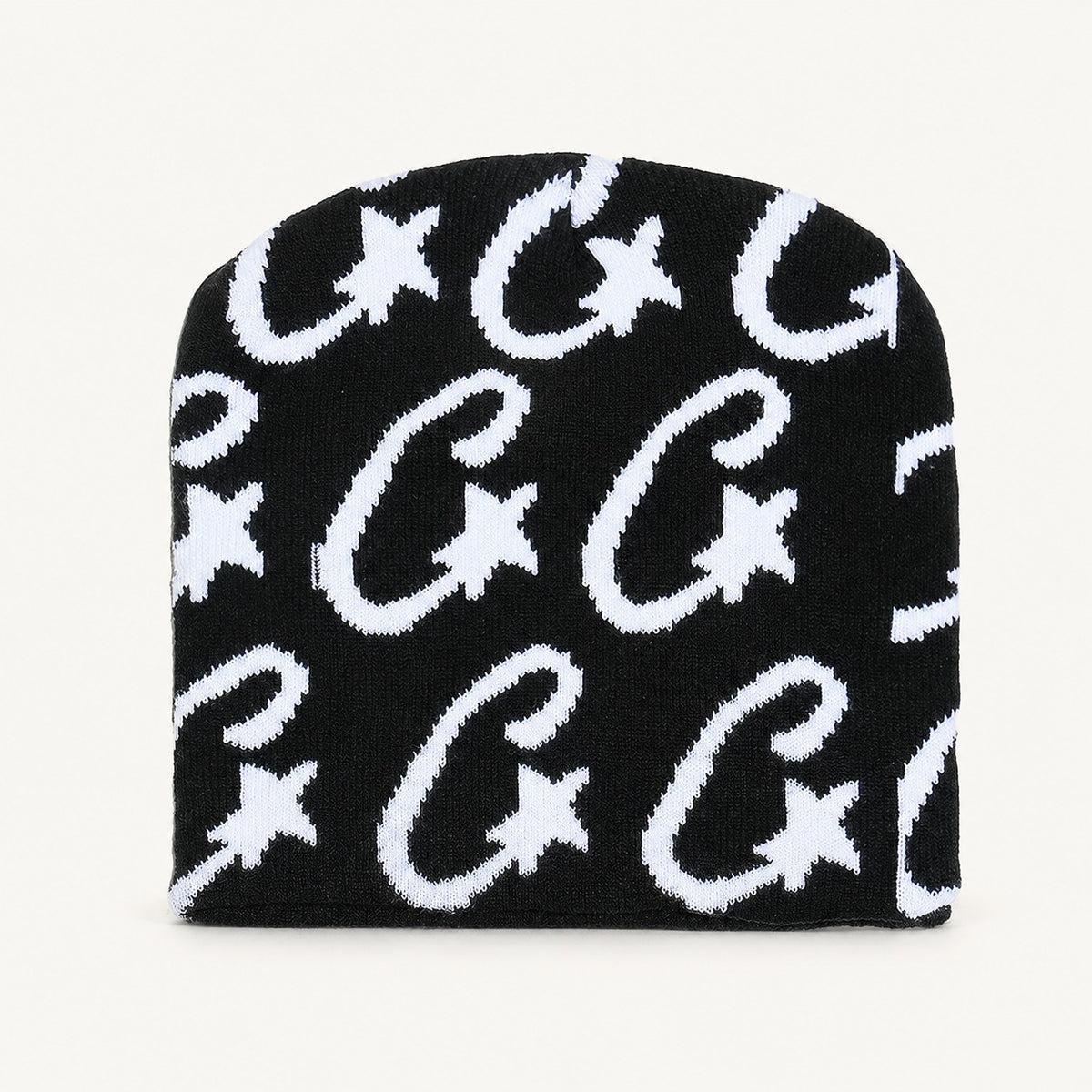The Rue Signal Jacquard Beanie in Black, front three-quarter view.