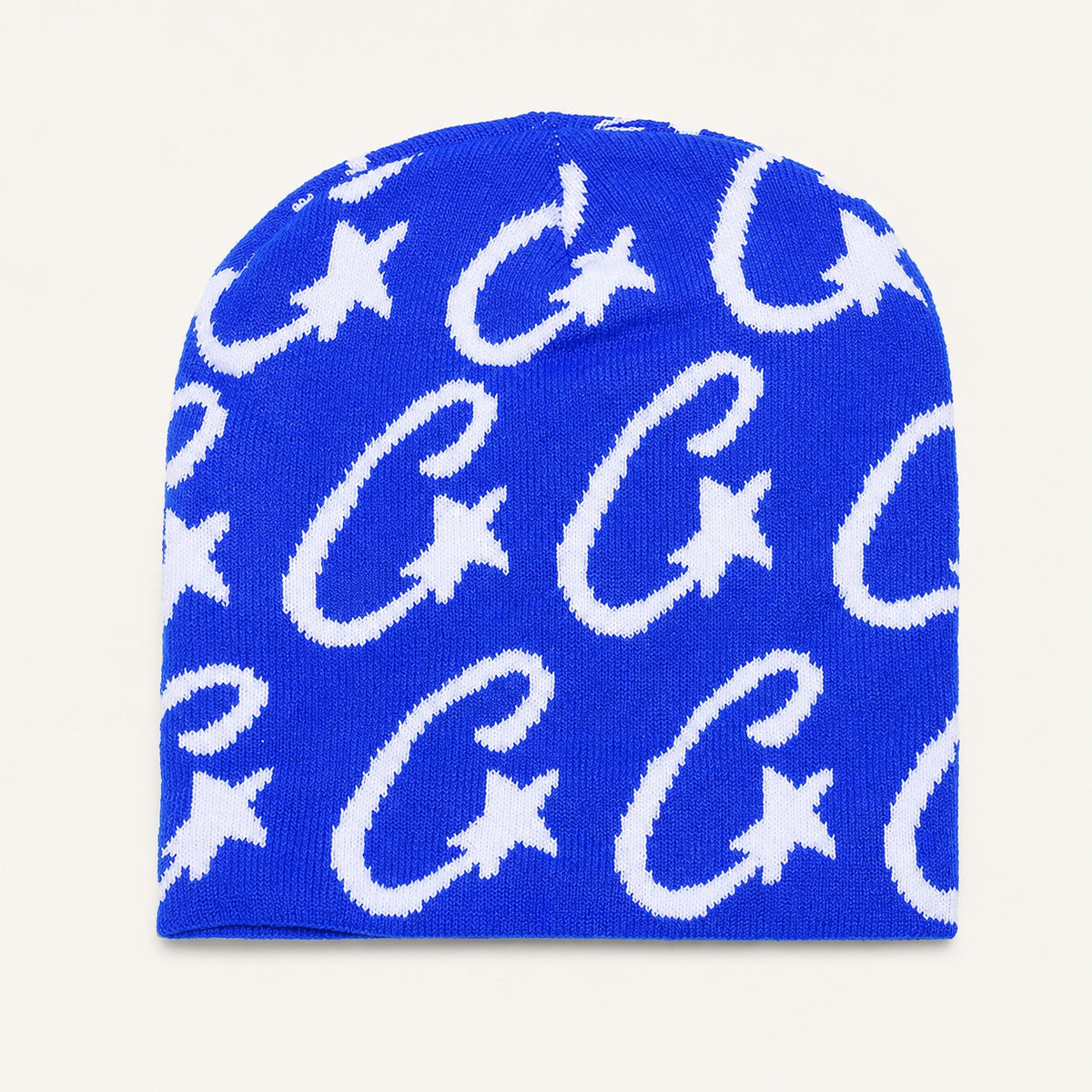 The Rue Signal Jacquard Beanie in Blue, front three-quarter view.
