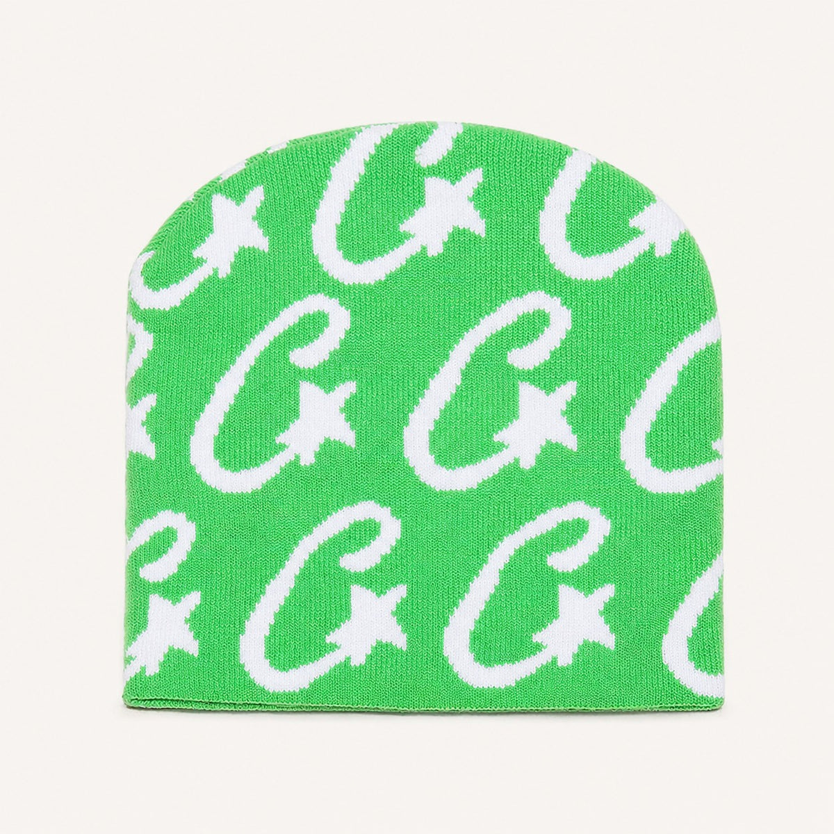 The Rue Signal Jacquard Beanie in Green, front three-quarter view.