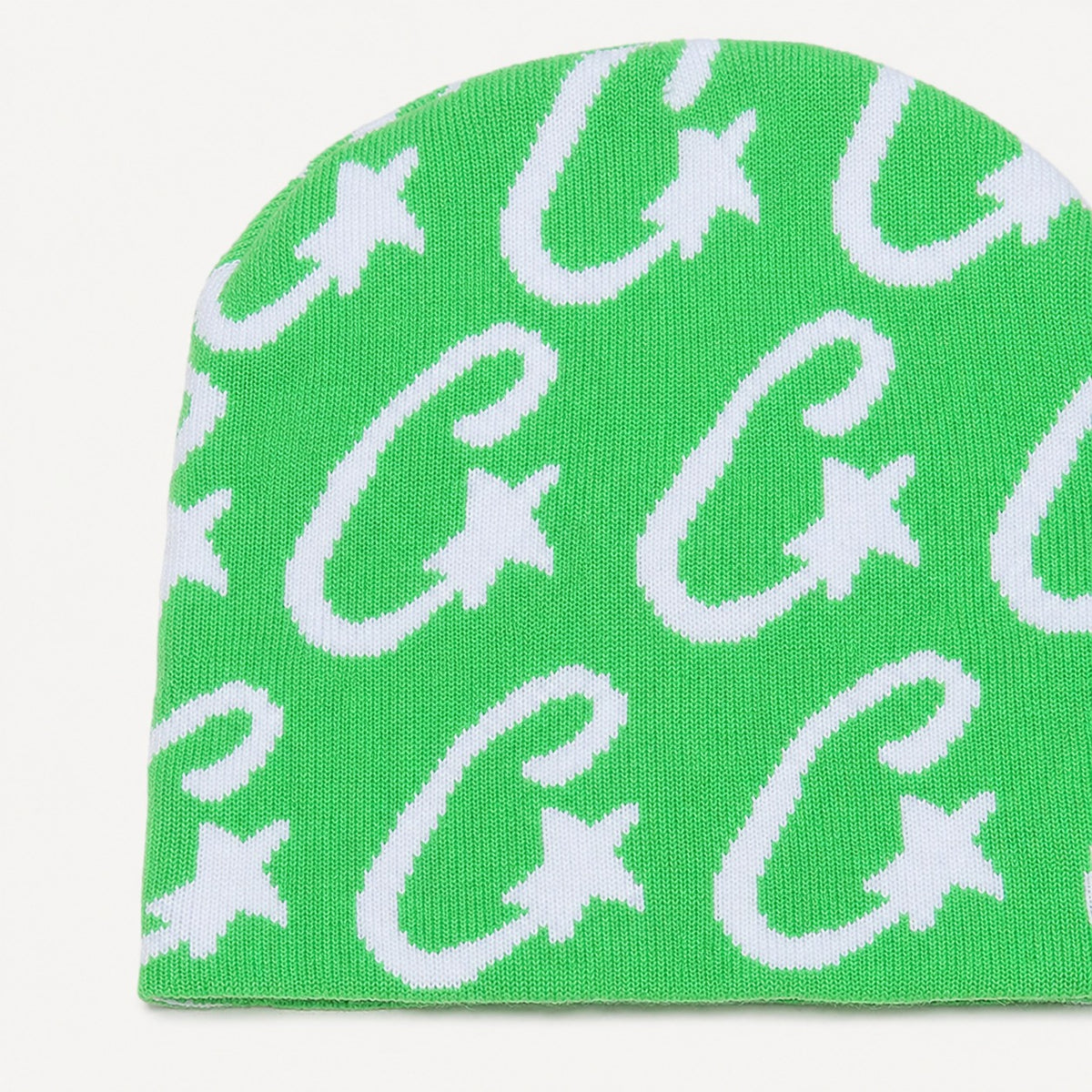 The Rue Signal Jacquard Beanie in Green, alternate view.