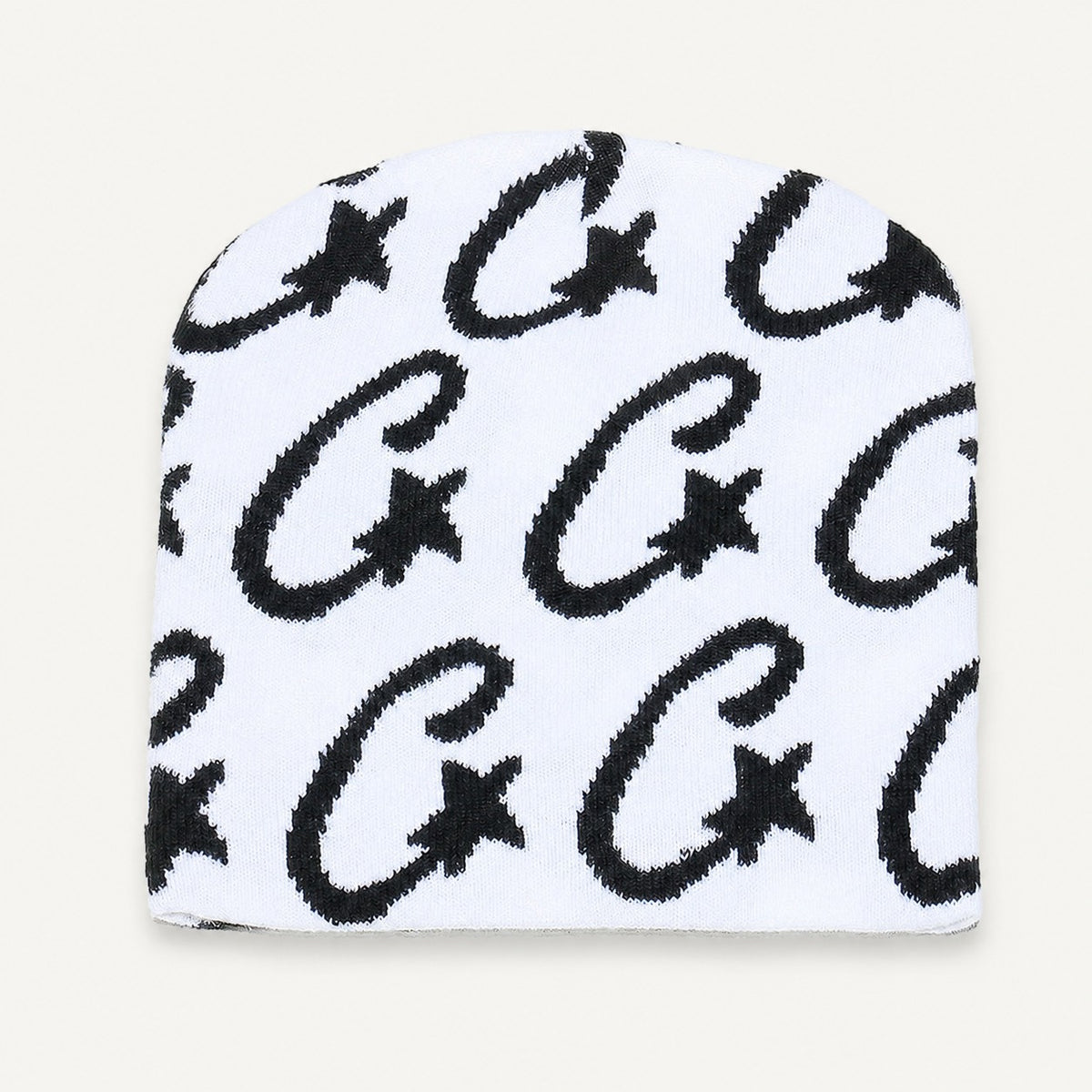 The Rue Signal Jacquard Beanie in White, front three-quarter view.