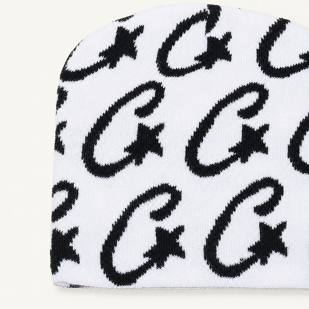 The Rue Signal Jacquard Beanie in White, alternate view.