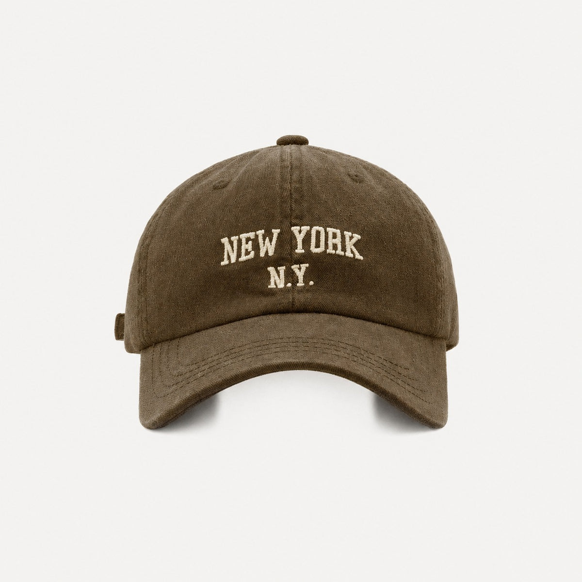 The Rue New York Cap in Olive, straight-on front view.