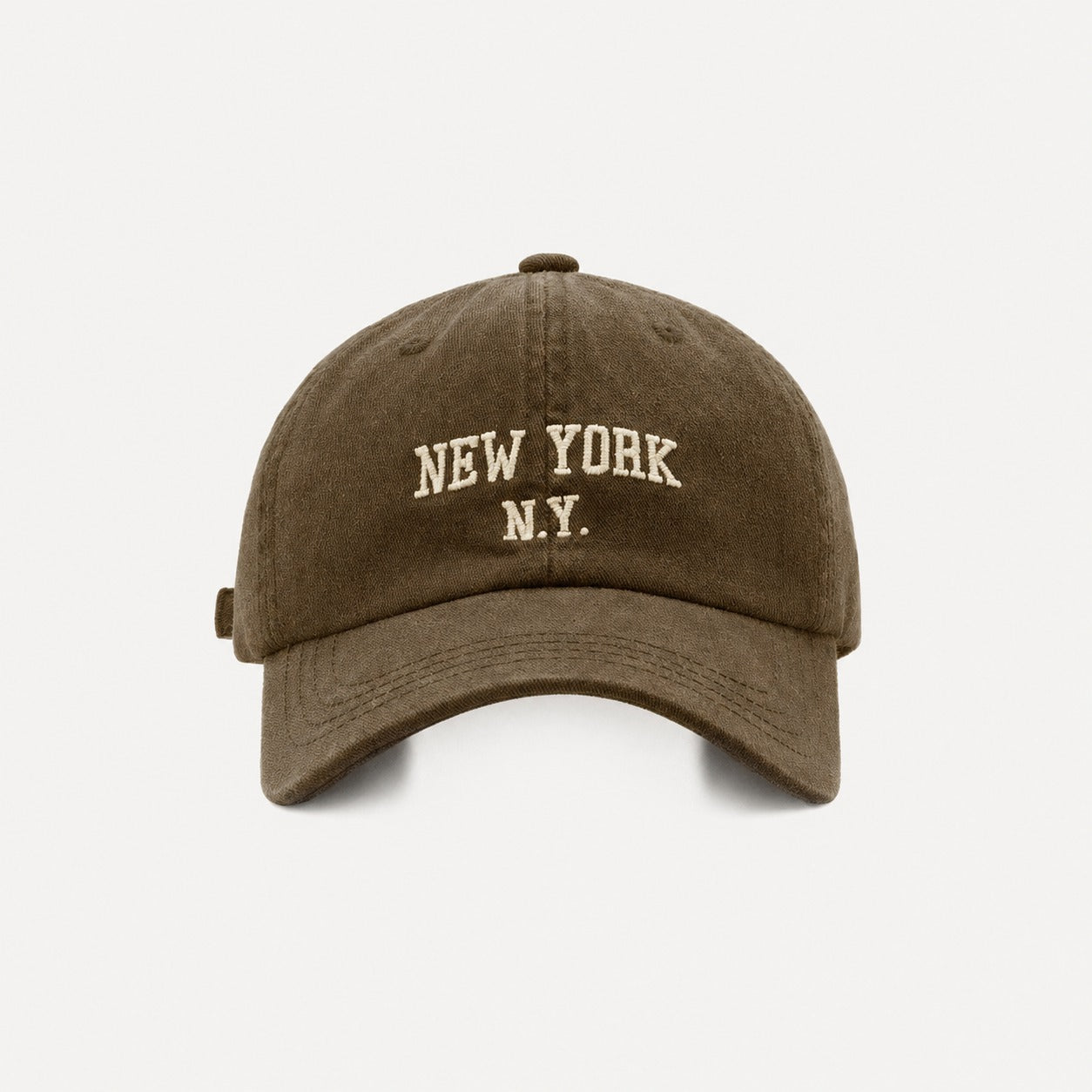 The Rue New York Cap in Olive, straight-on front view.