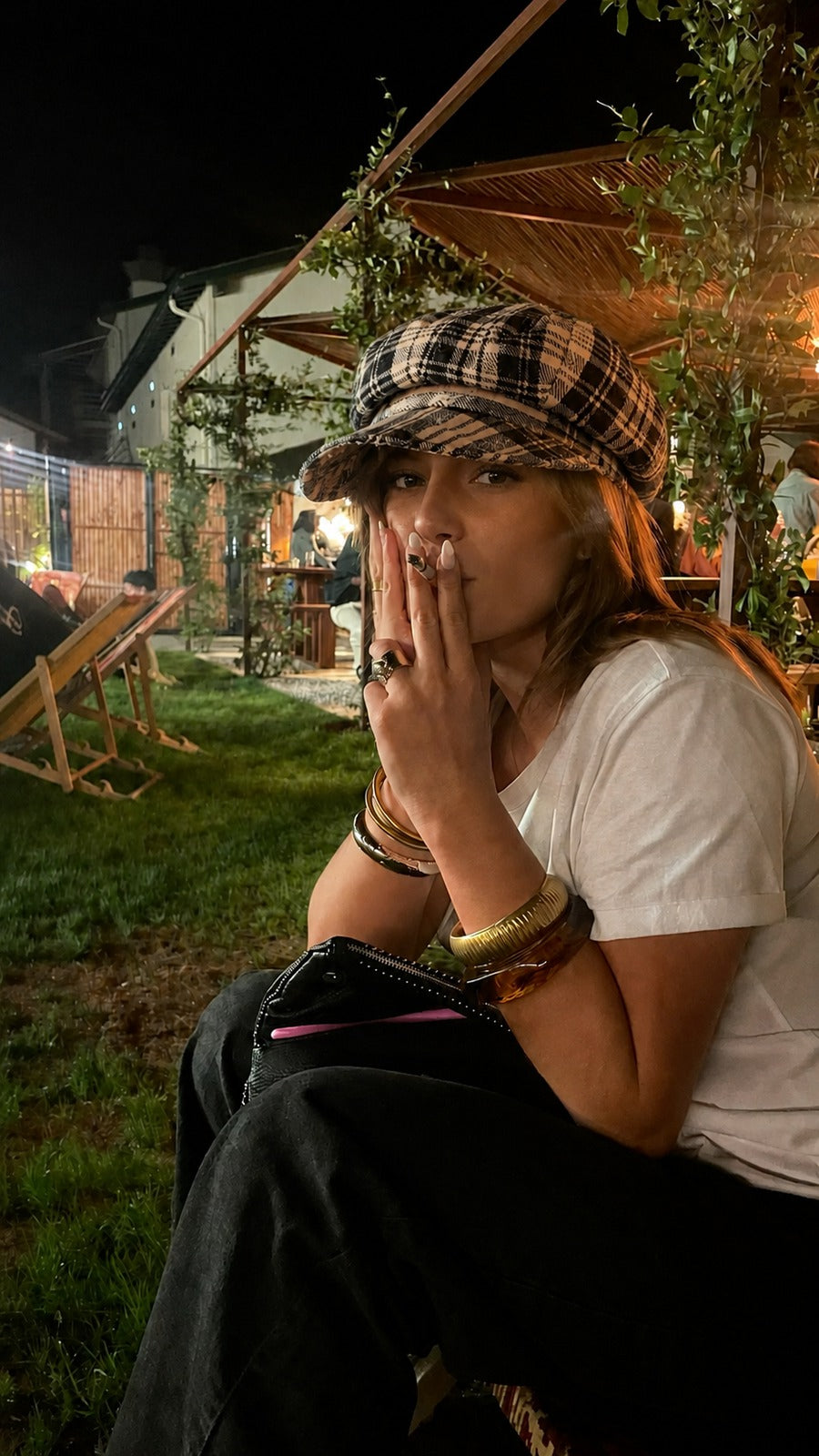 Model wearing Rue Revival Plaid Newsboy Cap in Black Beige.