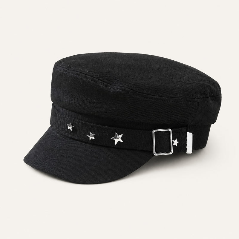 The Rue Starcrossed Rivet Cadet Cap in Black, front three-quarter view.
