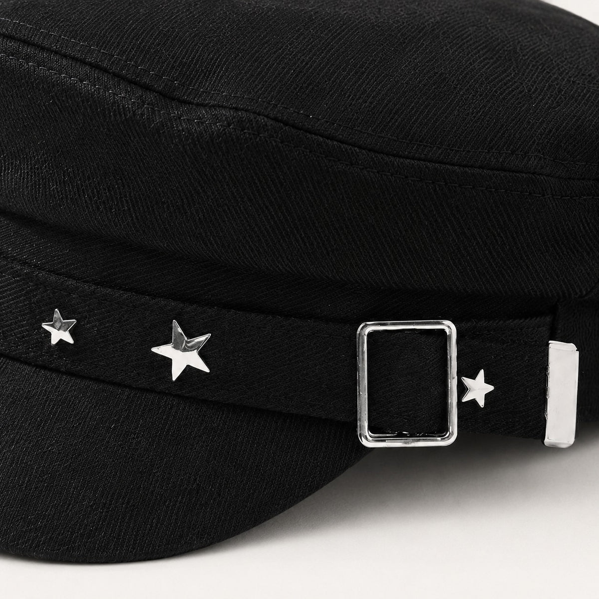 The Rue Starcrossed Rivet Cadet Cap in Black, fabric and hardware detail.